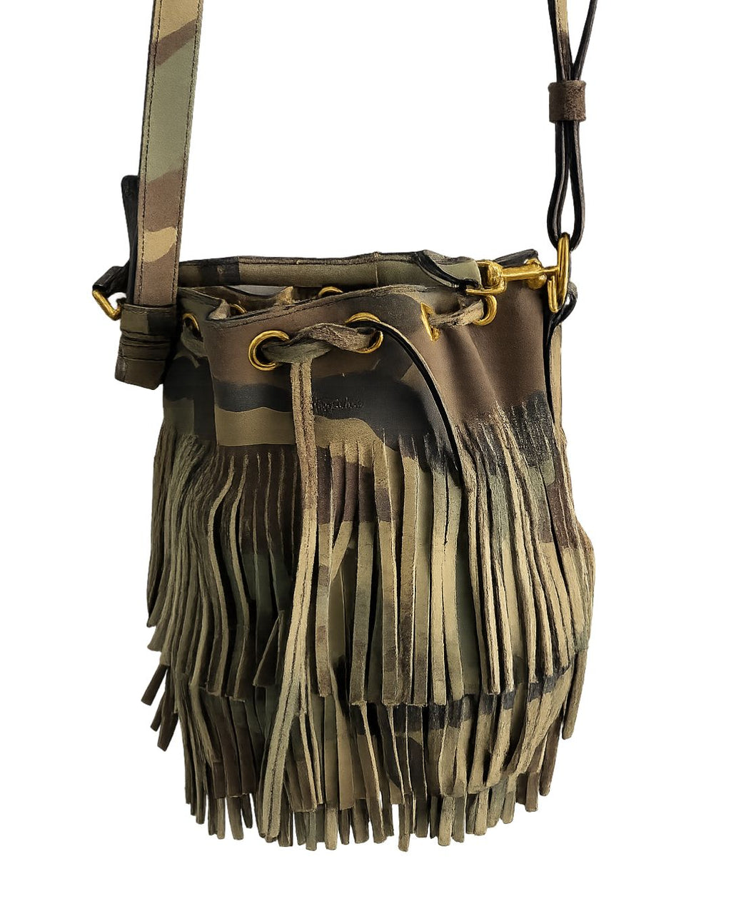 BOLSA YVES SAINT LAURENT EMMANUELLE FRINGE BUCKET CAMUFLADA