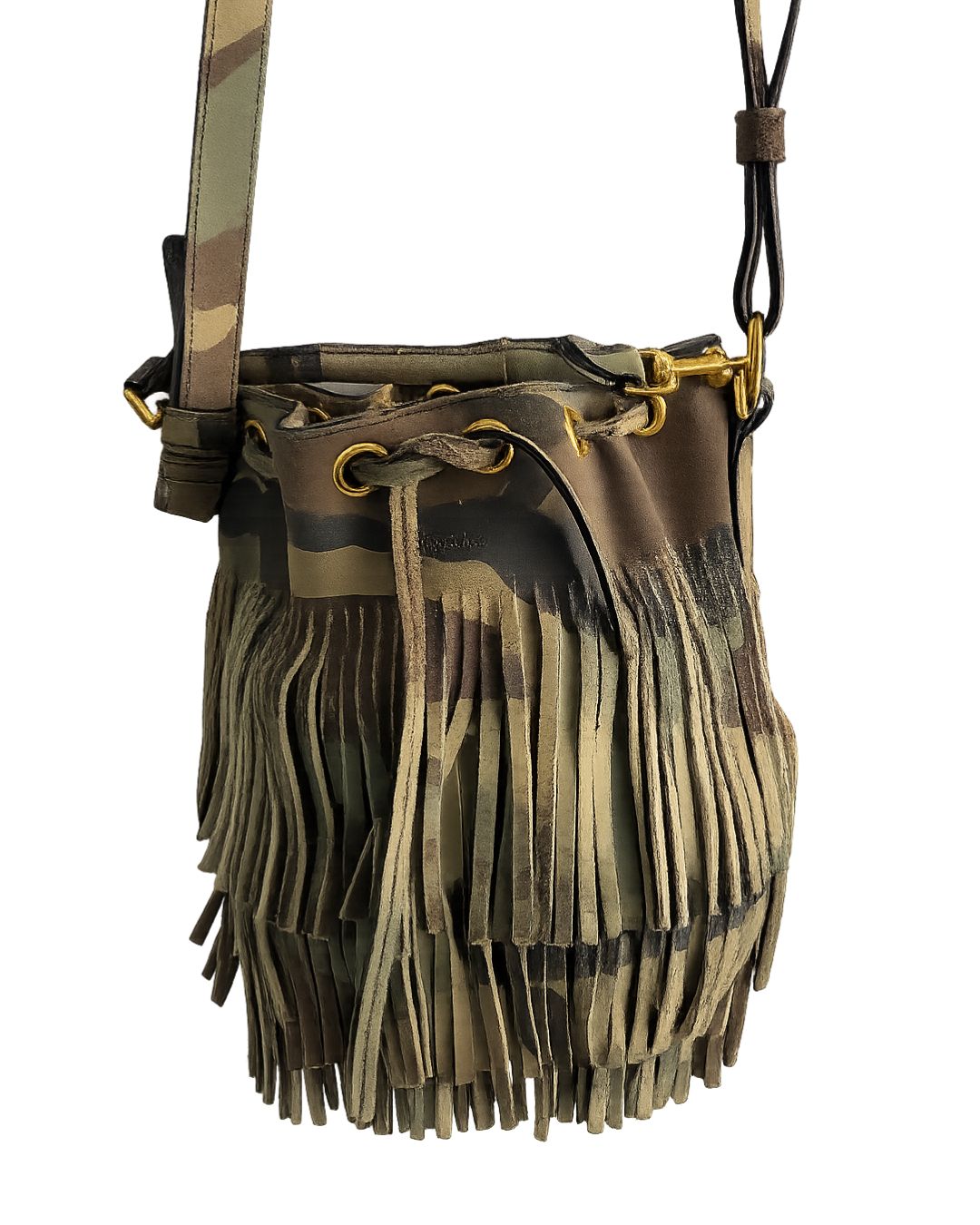BOLSA YVES SAINT LAURENT EMMANUELLE FRINGE BUCKET CAMUFLADA